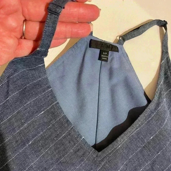 ATM Womens Linen Halter Adjustable Fringe Stripe Midi Dress blue gray small - Picture 5 of 10